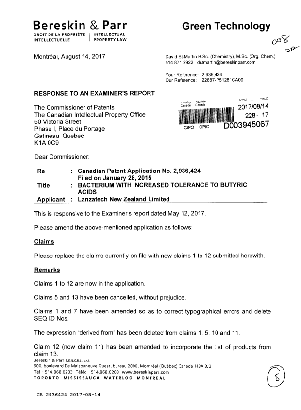 Document de brevet canadien 2936424. Modification 20170814. Image 1 de 5