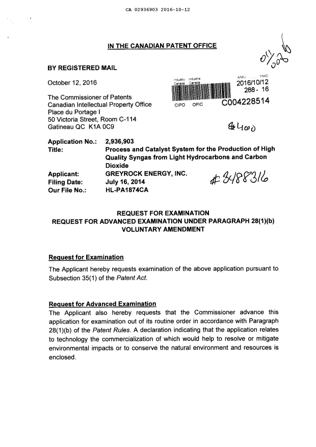 Document de brevet canadien 2936903. Modification 20161012. Image 1 de 12
