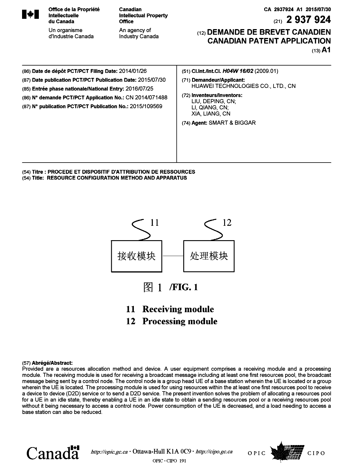 Document de brevet canadien 2937924. Page couverture 20160812. Image 1 de 1
