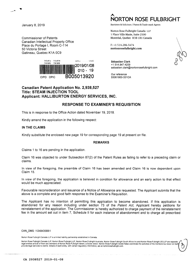 Document de brevet canadien 2938527. Modification 20190108. Image 1 de 3