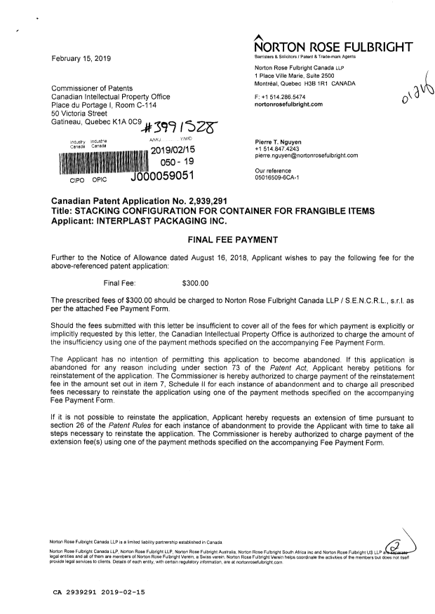 Document de brevet canadien 2939291. Taxe finale 20190215. Image 1 de 2