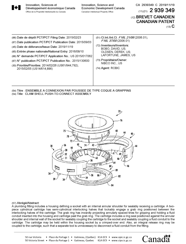 Document de brevet canadien 2939349. Page couverture 20191022. Image 1 de 1