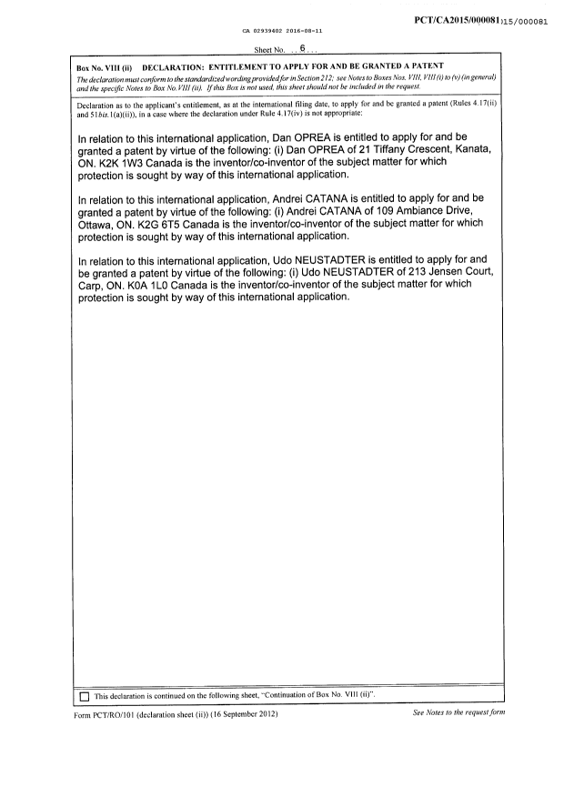 Document de brevet canadien 2939402. Déclaration 20151211. Image 1 de 3