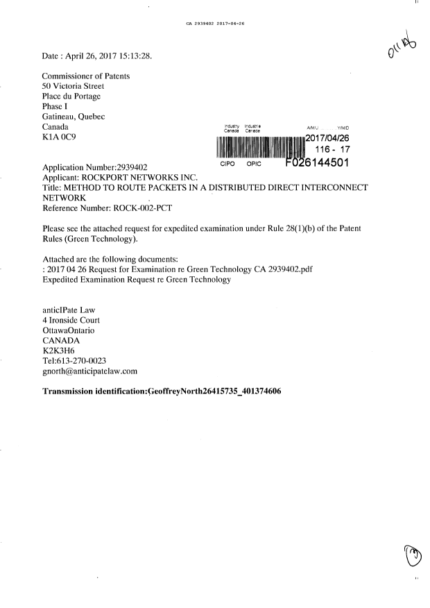 Document de brevet canadien 2939402. Ordonnance spéciale 20161226. Image 1 de 3