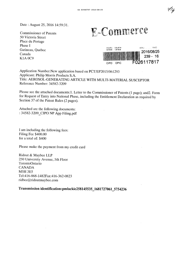 Document de brevet canadien 2940797. Demande d'entrée en phase nationale 20151225. Image 1 de 4