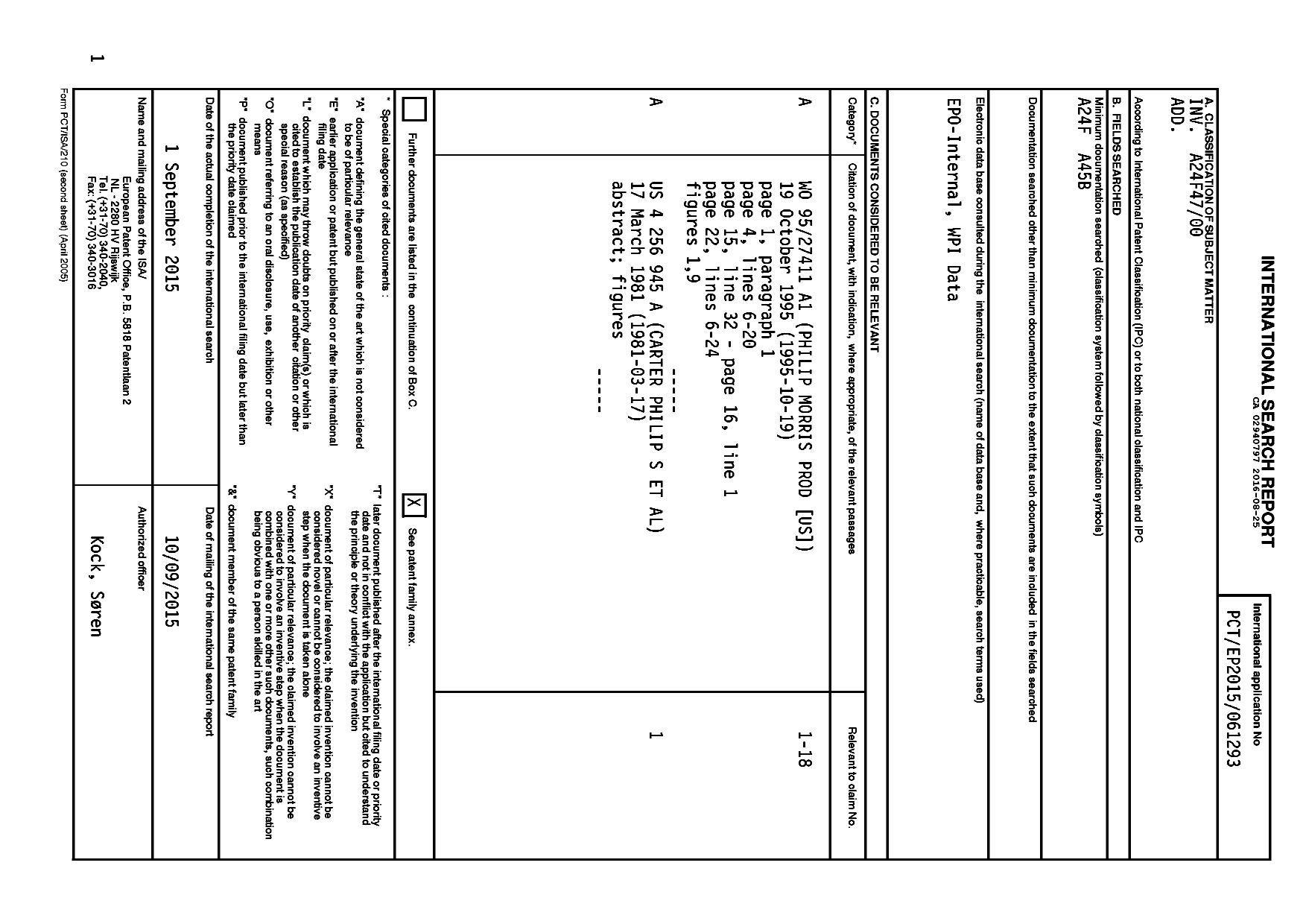 Canadian Patent Document 2940797. International Search Report 20151225. Image 1 of 2
