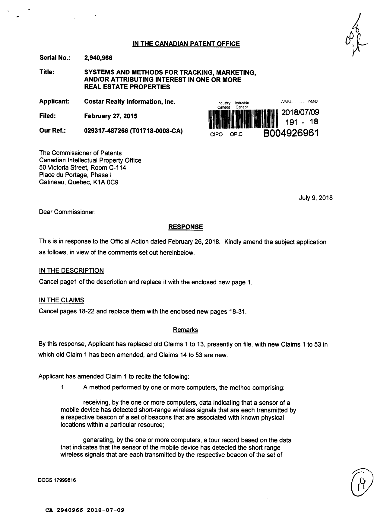 Canadian Patent Document 2940966. Amendment 20180709. Image 1 of 19