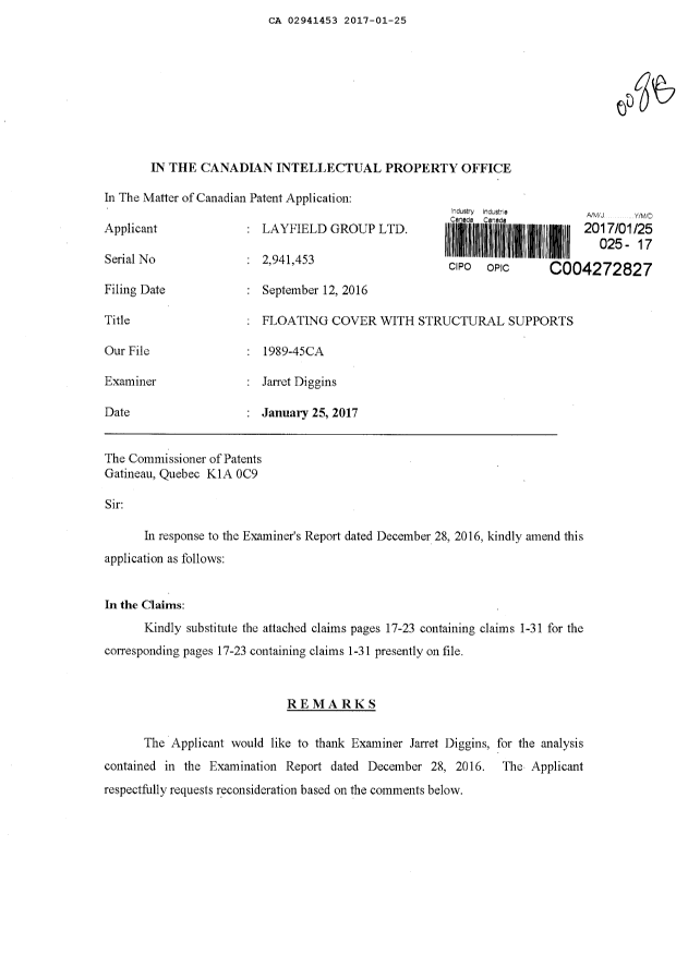 Document de brevet canadien 2941453. Poursuite-Amendment 20161225. Image 1 de 9