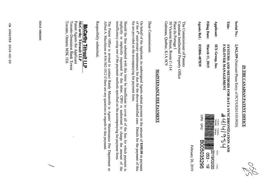 Document de brevet canadien 2942359. Paiement de taxe périodique 20190220. Image 1 de 1