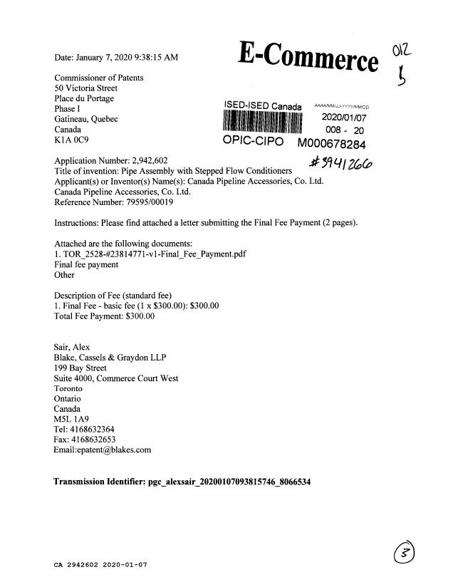Canadian Patent Document 2942602. Final Fee 20200107. Image 1 of 3