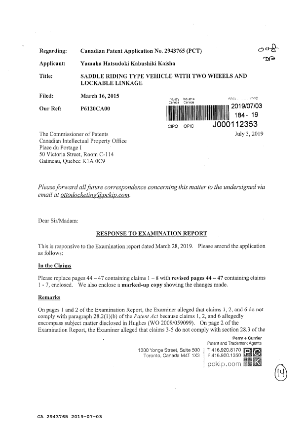 Document de brevet canadien 2943765. Modification 20190703. Image 1 de 14