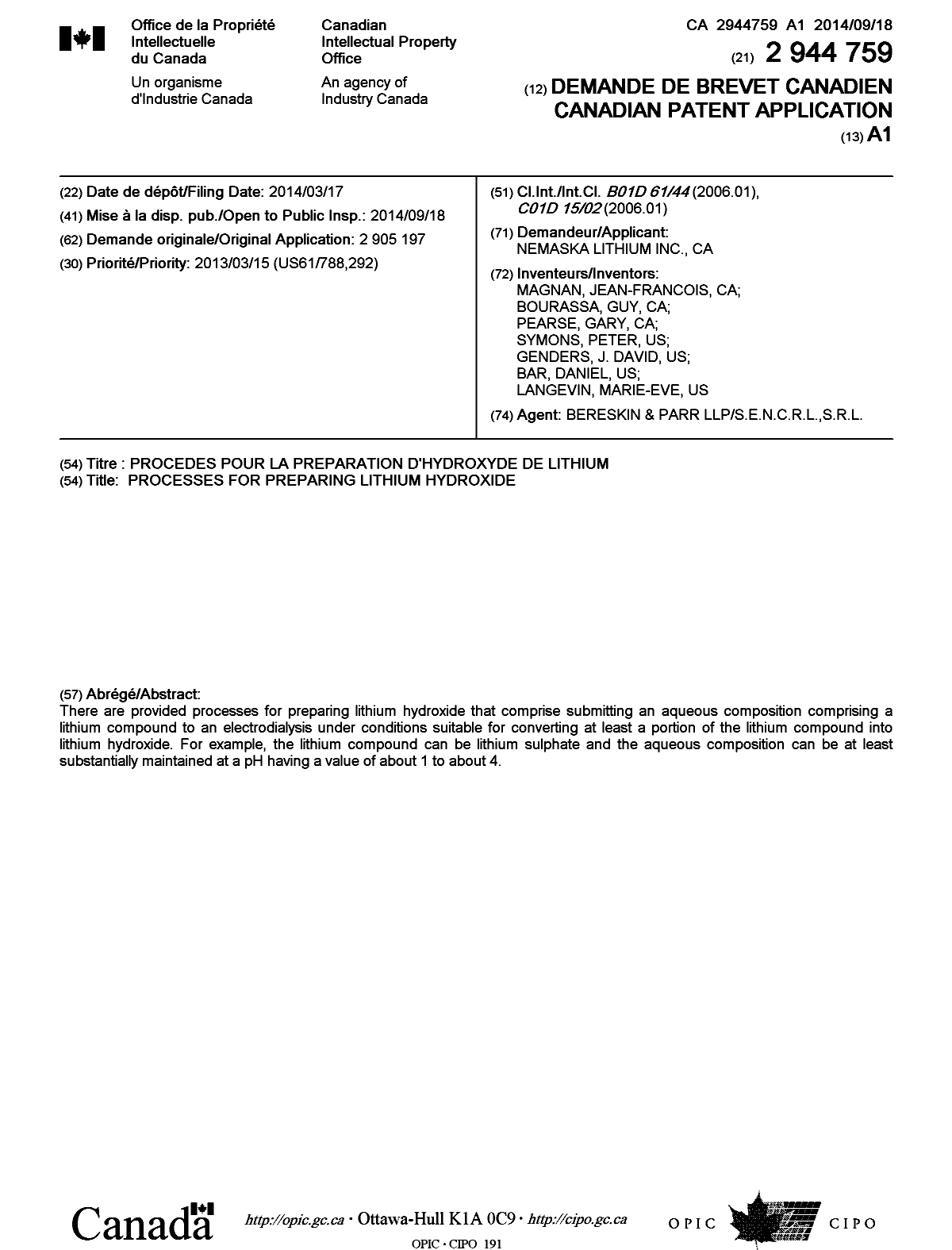 Document de brevet canadien 2944759. Page couverture 20151204. Image 1 de 1