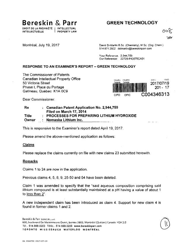 Canadian Patent Document 2944759. Amendment 20170719. Image 1 of 11