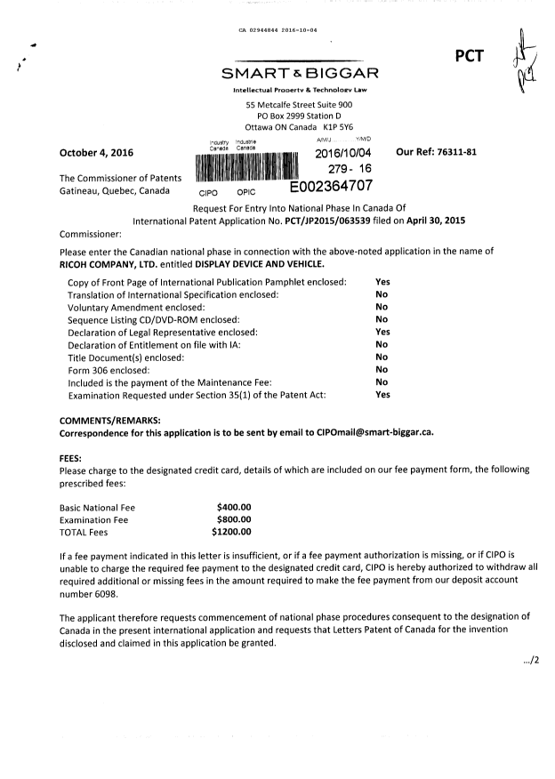Document de brevet canadien 2944844. Demande d'entrée en phase nationale 20161004. Image 1 de 3