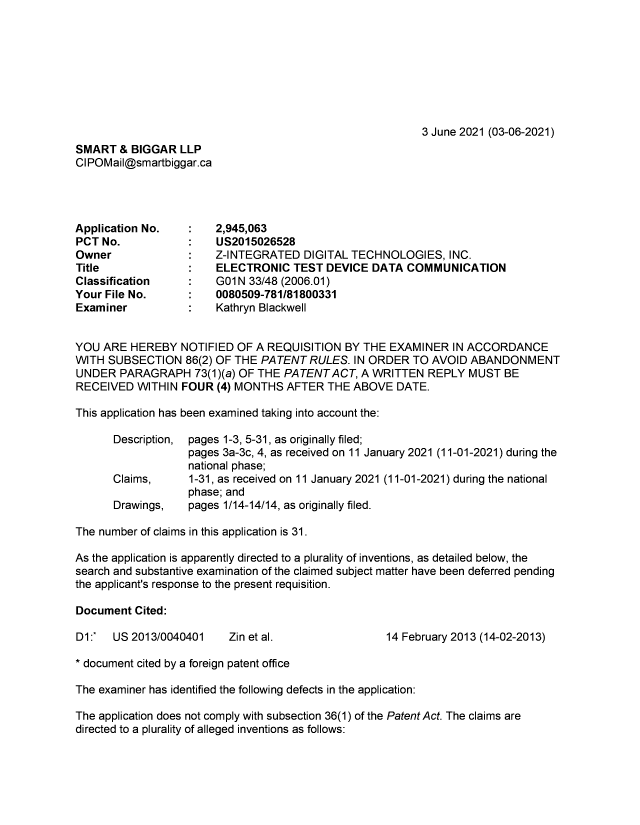 Document de brevet canadien 2945063. Demande d'examen 20210603. Image 1 de 4