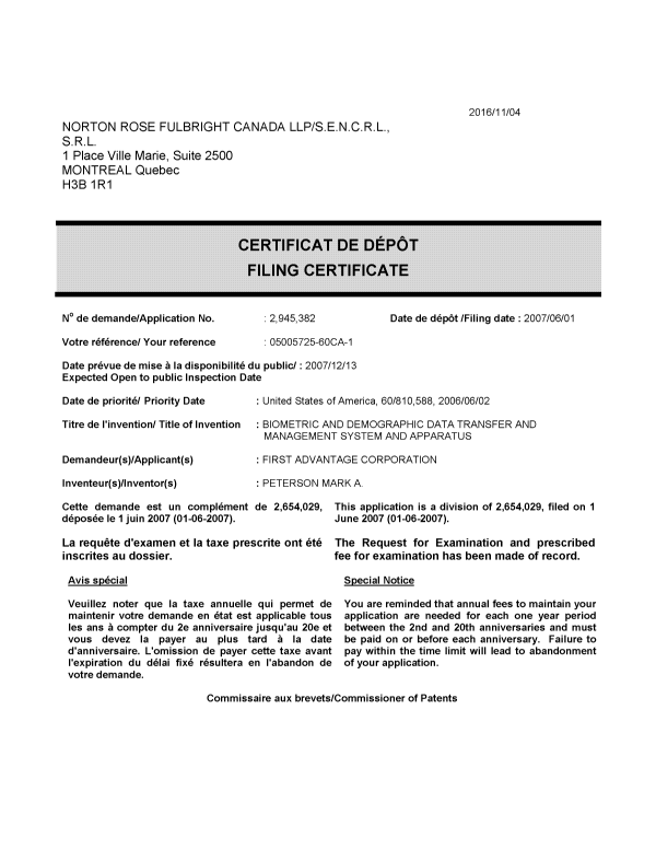 Canadian Patent Document 2945382. Divisional - Filing Certificate 20161104. Image 1 of 1