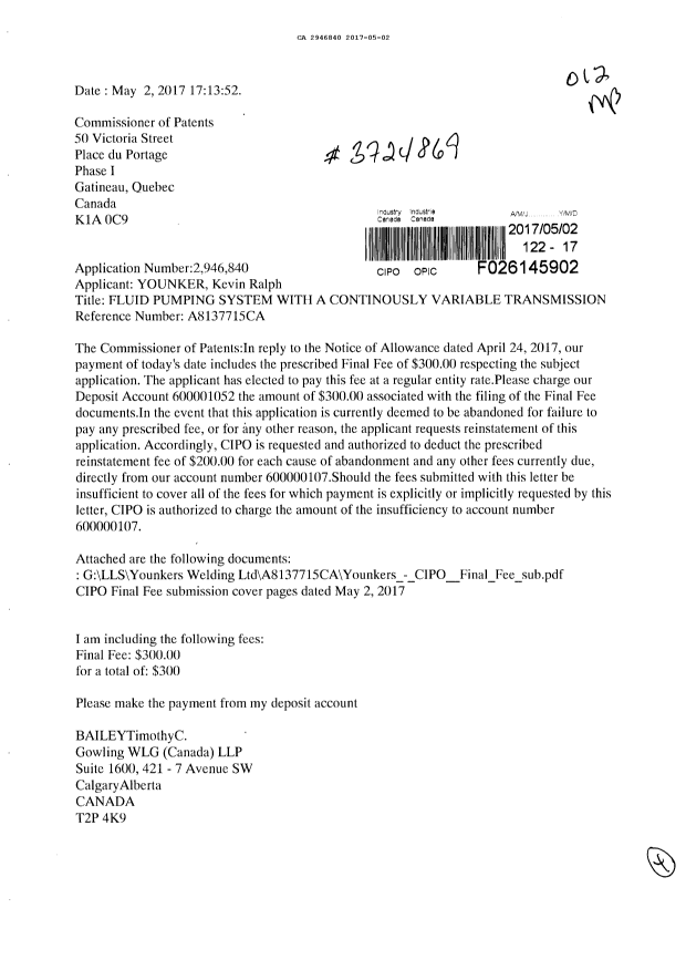Document de brevet canadien 2946840. Correspondance 20161202. Image 1 de 4