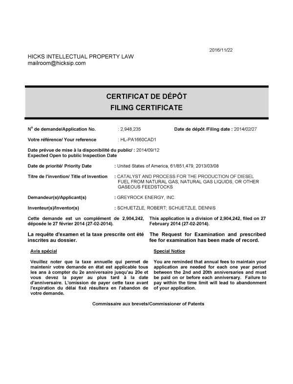 Document de brevet canadien 2948235. Correspondance 20151222. Image 1 de 1
