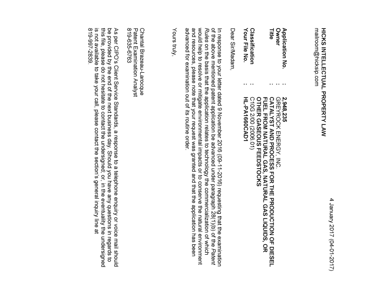 Document de brevet canadien 2948235. Correspondance 20161204. Image 1 de 1
