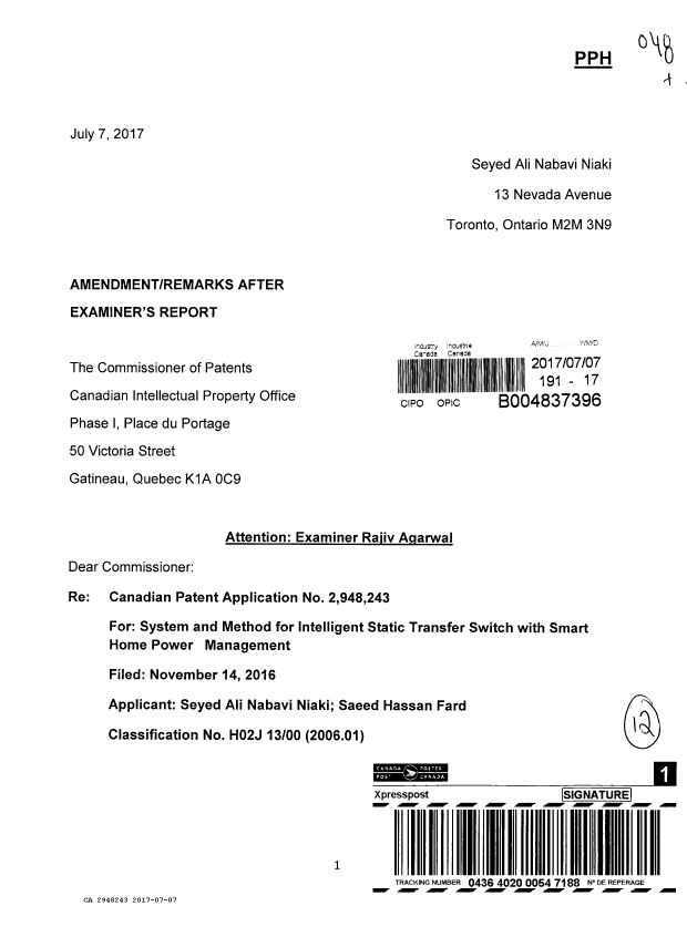 Document de brevet canadien 2948243. Poursuite-Amendment 20161207. Image 1 de 12