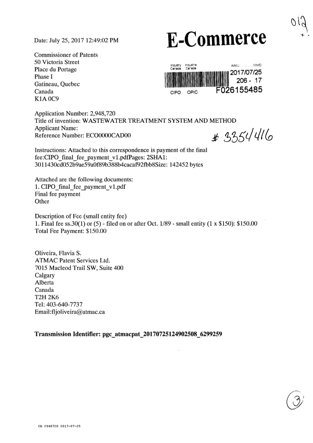 Document de brevet canadien 2948720. Correspondance 20161225. Image 1 de 3