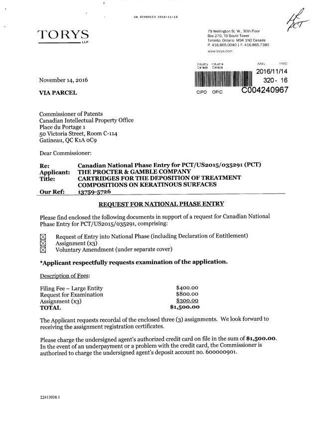Document de brevet canadien 2949123. Demande d'entrée en phase nationale 20161114. Image 1 de 16