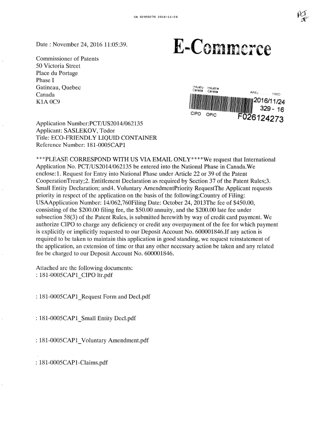 Document de brevet canadien 2950270. Demande d'entrée en phase nationale 20151224. Image 1 de 8