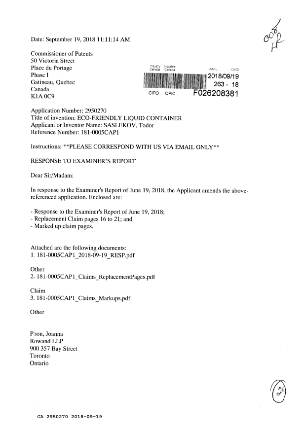 Document de brevet canadien 2950270. Modification 20180919. Image 1 de 21