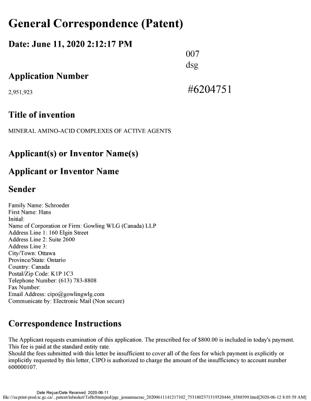 Document de brevet canadien 2951923. Requête d'examen 20200611. Image 1 de 3