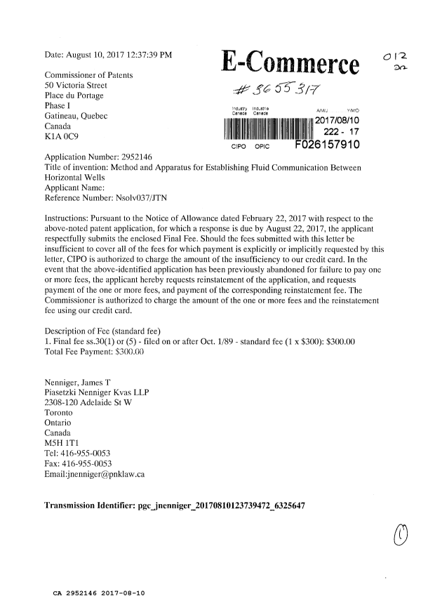 Document de brevet canadien 2952146. Correspondance 20161210. Image 1 de 1