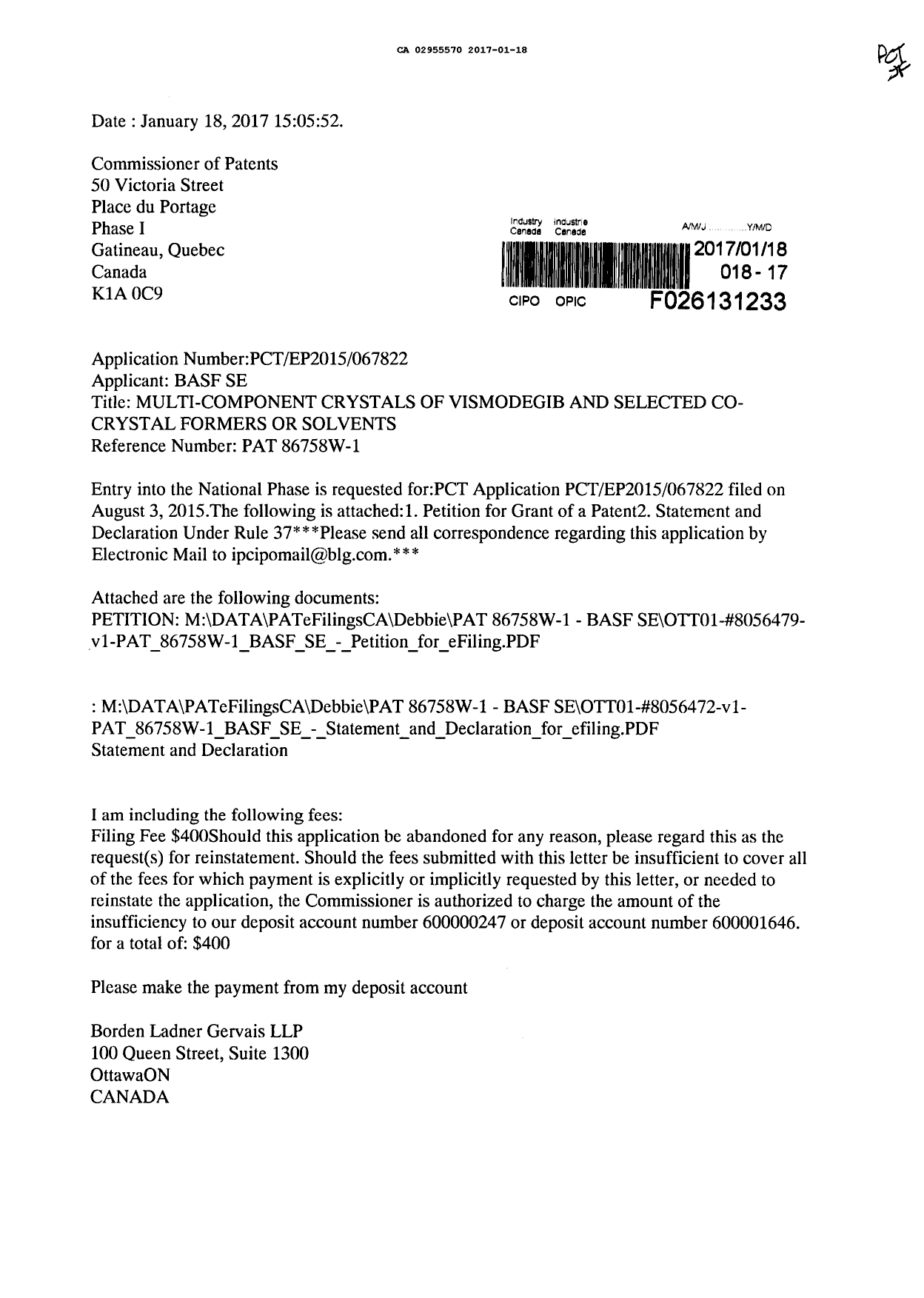 Document de brevet canadien 2955570. Demande d'entrée en phase nationale 20161218. Image 1 de 5