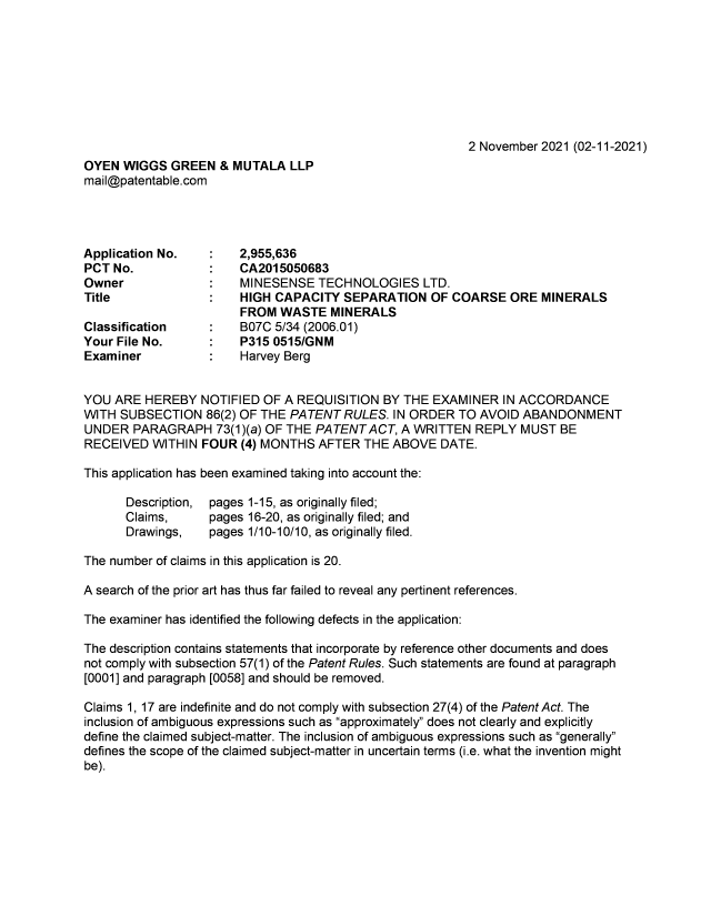 Document de brevet canadien 2955636. Demande d'examen 20211102. Image 1 de 4