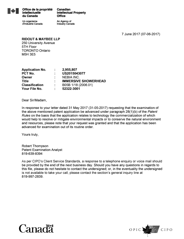 Document de brevet canadien 2955807. Ordonnance spéciale - Verte acceptée 20161207. Image 1 de 1