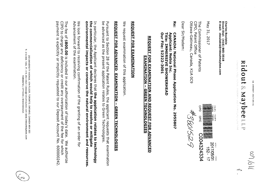 Document de brevet canadien 2955807. Requête d'examen 20170531. Image 1 de 3