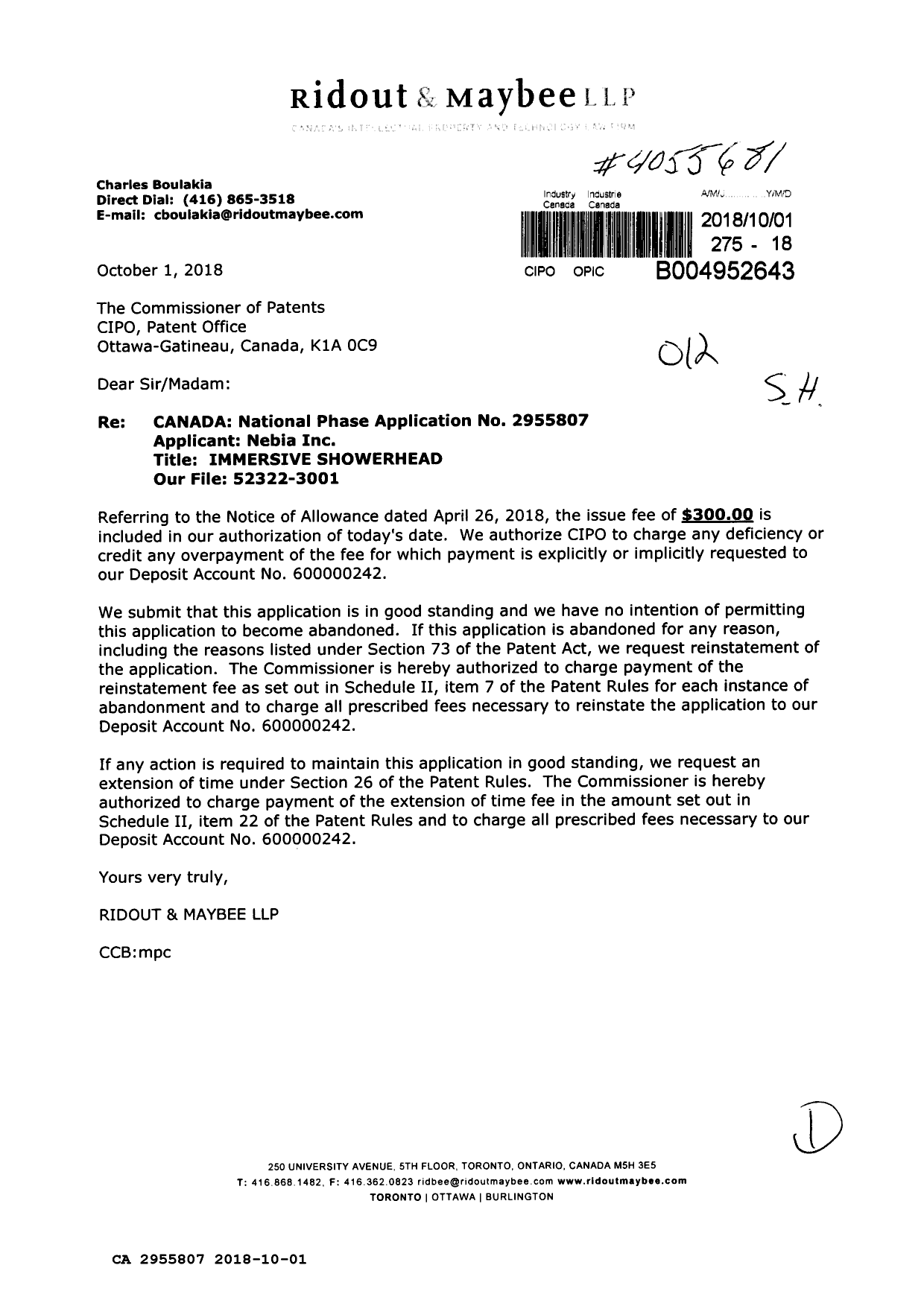 Document de brevet canadien 2955807. Taxe finale 20181001. Image 1 de 1