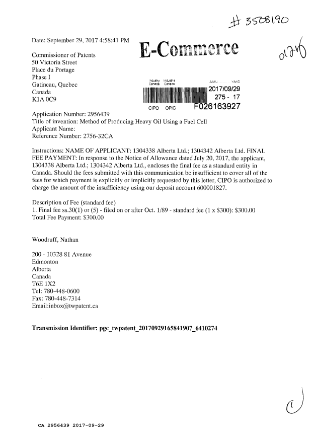 Document de brevet canadien 2956439. Correspondance 20161229. Image 1 de 1
