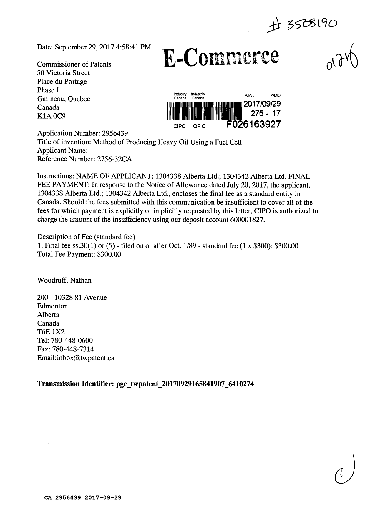 Document de brevet canadien 2956439. Correspondance 20161229. Image 1 de 1