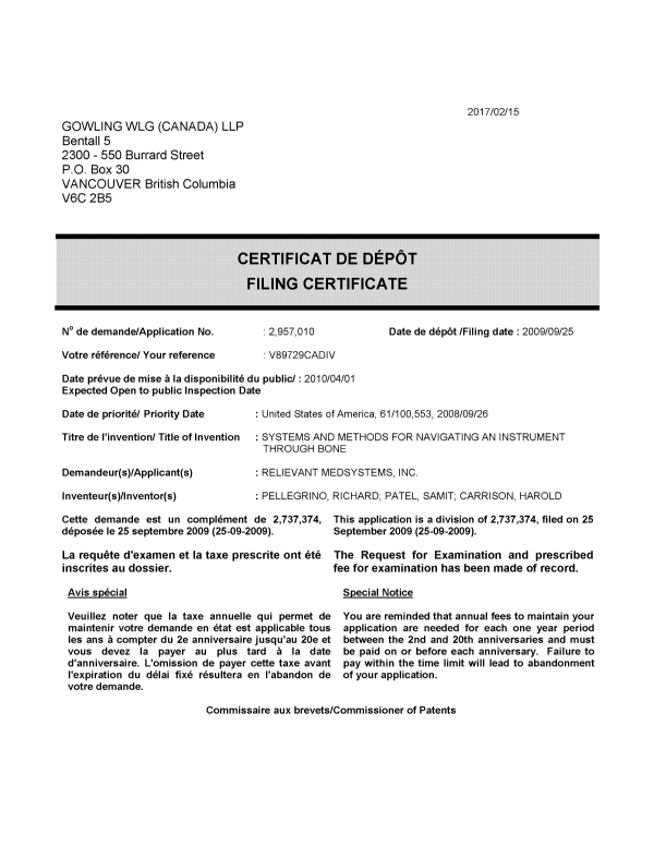 Document de brevet canadien 2957010. Complémentaire - Certificat de dépôt 20170215. Image 1 de 1