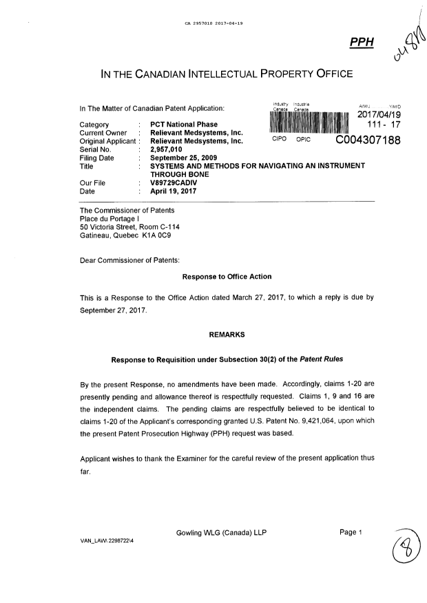 Document de brevet canadien 2957010. Modification 20170419. Image 1 de 8