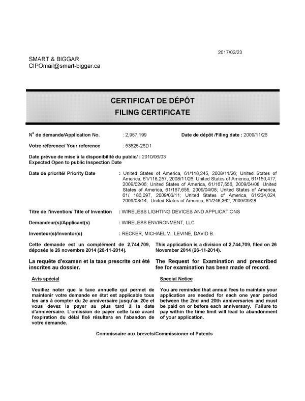 Document de brevet canadien 2957199. Correspondance 20170223. Image 1 de 1