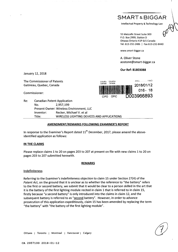 Document de brevet canadien 2957199. Modification 20180112. Image 1 de 7