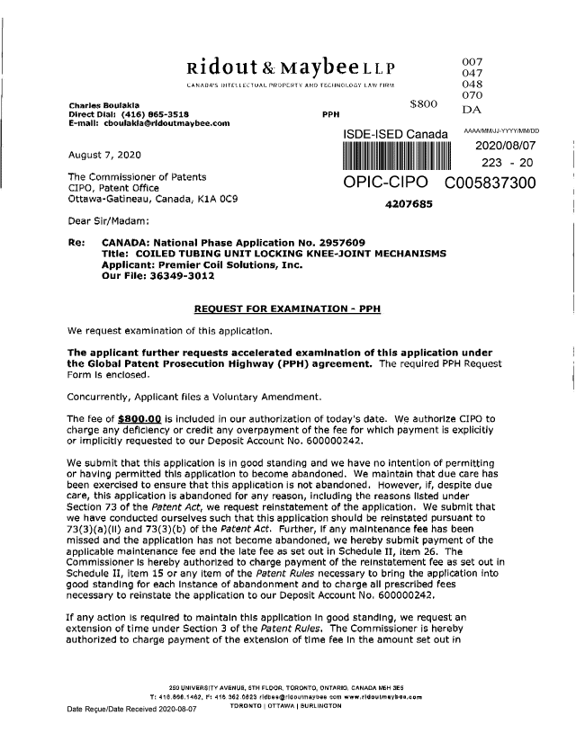 Document de brevet canadien 2957609. Requête ATDB (PPH) 20200807. Image 1 de 10
