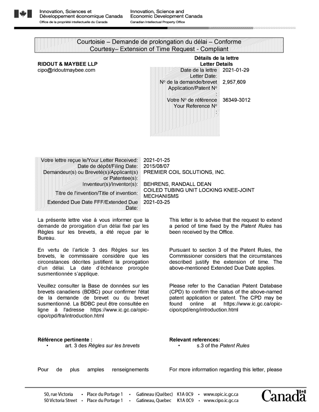 Document de brevet canadien 2957609. Accusé de prolongation 20210129. Image 1 de 2