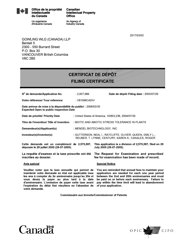 Document de brevet canadien 2957986. Correspondance 20161202. Image 1 de 1
