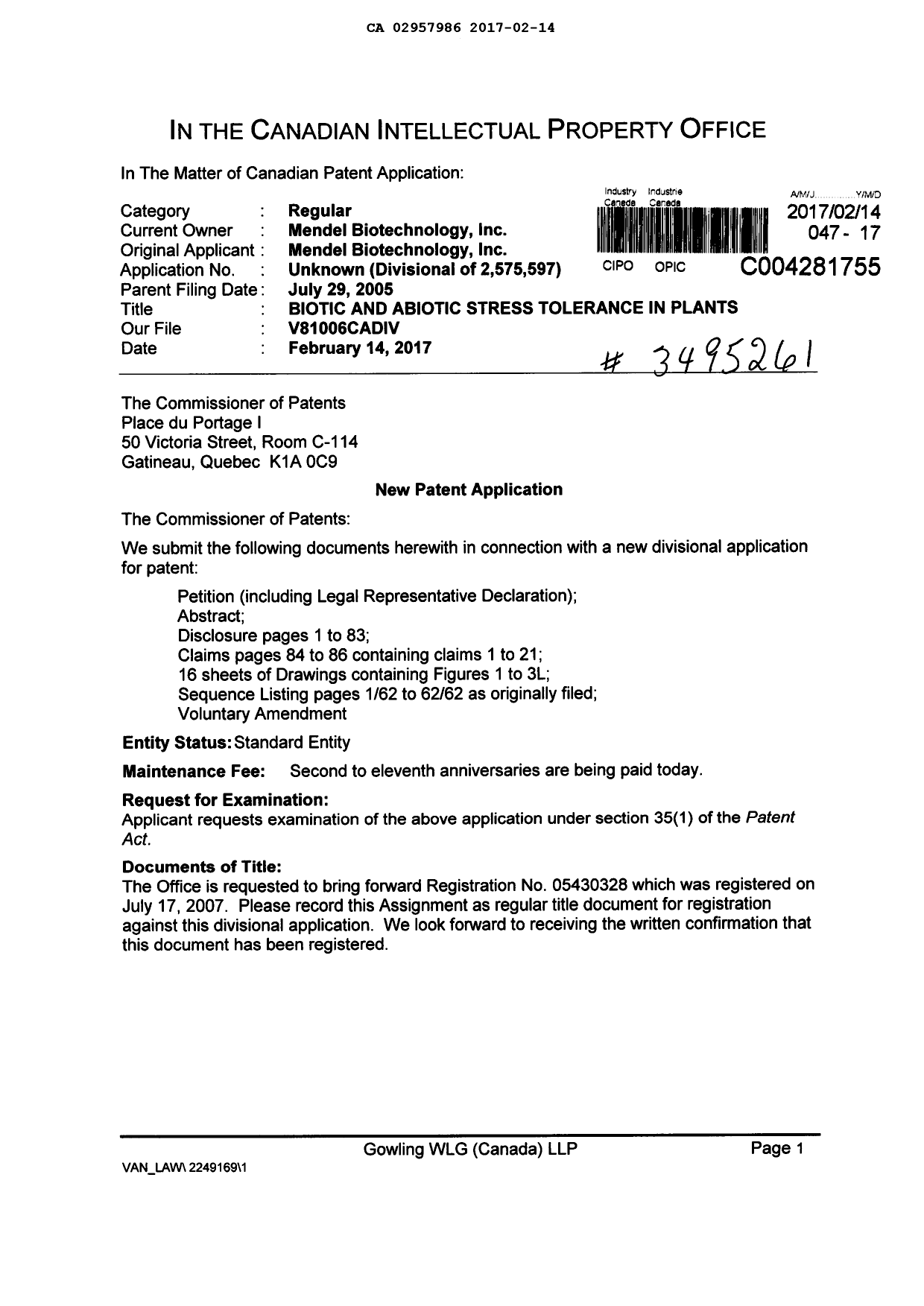 Document de brevet canadien 2957986. Cession 20161214. Image 1 de 3