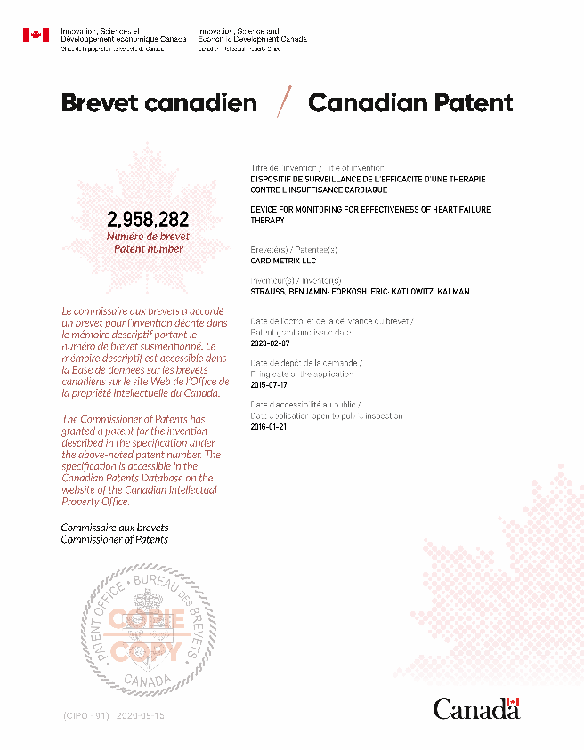 Canadian Patent Document 2958282. Electronic Grant Certificate 20230207. Image 1 of 1