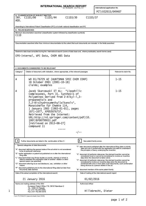 Document de brevet canadien 2958655. Rapport de recherche internationale 20170217. Image 1 de 3