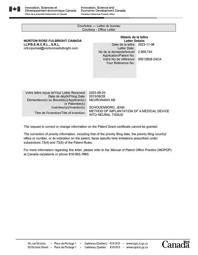Document de brevet canadien 2958744. Lettre du bureau 20231106. Image 1 de 1