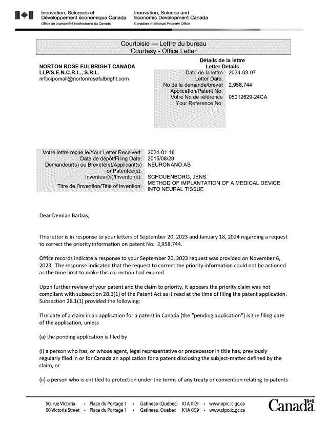 Document de brevet canadien 2958744. Lettre du bureau 20240307. Image 1 de 2