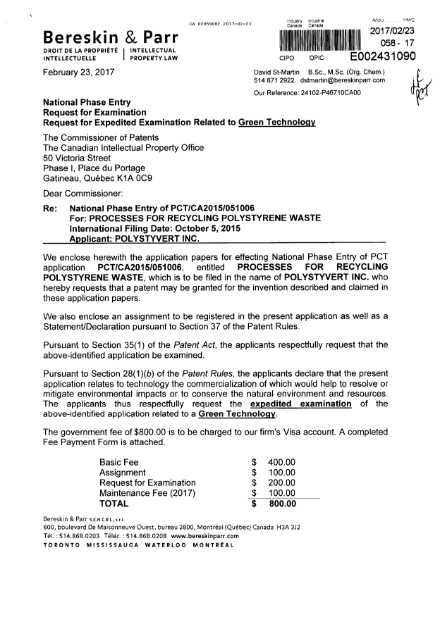 Document de brevet canadien 2959082. Demande d'entrée en phase nationale 20161223. Image 1 de 7